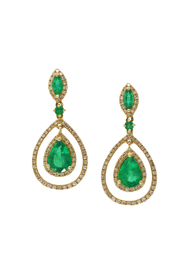 The Brasilica 14K Yellow Gold Emerald and Diamond Earrings, 2.88 TCW, showcase vibrant emeralds and sparkling diamonds in a double teardrop design, exuding timeless sophistication and elegance.