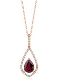 The Bordeaux 14K Rose Gold Rhodolite Garnet and Diamond Pendant, 1.46 TCW, features a teardrop-shaped garnet accented by sparkling white diamonds.