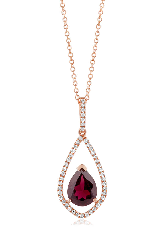 The Bordeaux 14K Rose Gold Rhodolite Garnet and Diamond Pendant, 1.46 TCW, features a teardrop-shaped garnet accented by sparkling white diamonds.