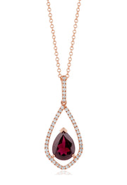 The Bordeaux 14K Rose Gold Rhodolite Garnet and Diamond Pendant, 1.46 TCW, features a teardrop-shaped garnet accented by sparkling white diamonds.