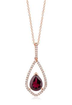 The Bordeaux 14K Rose Gold Rhodolite Garnet and Diamond Pendant, 1.46 TCW, features a teardrop-shaped garnet accented by sparkling white diamonds.
