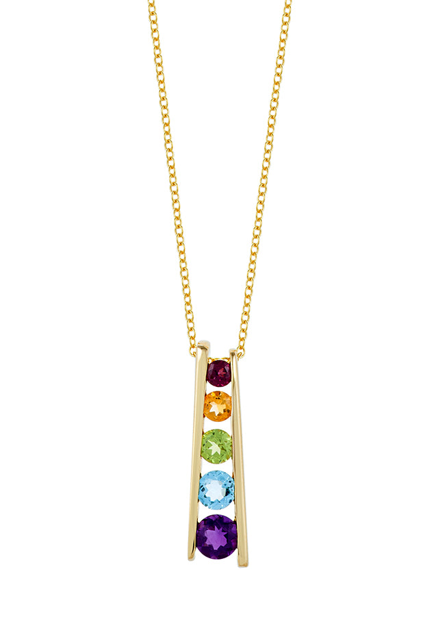 The Mosaic 14K Yellow Gold Multi Gemstone Pendant (1.40 TCW) features five vibrant round stones—red, orange, green, blue, and purple—arranged vertically on a yellow gold chain for a colorful statement.