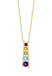 The Mosaic 14K Yellow Gold Multi Gemstone Pendant (1.40 TCW) features five vibrant round stones—red, orange, green, blue, and purple—arranged vertically on a yellow gold chain for a colorful statement.