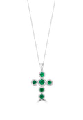 The Brasilica 14K White Gold Emerald and Diamond Cross Pendant, 1.48 TCW, features six round emeralds accented with sparkling stones on a fine chain, displayed against a white background.