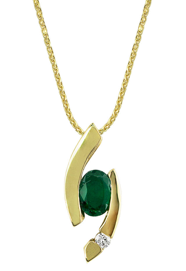 14K Yellow Gold Emerald Diamond Pendant .77 TCW