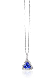 The 14K White Gold Trillion Tanzanite and Diamond Pendant, 1.71 TCW, features a triangular blue tanzanite accented by sparkling diamonds and is displayed against a white background.