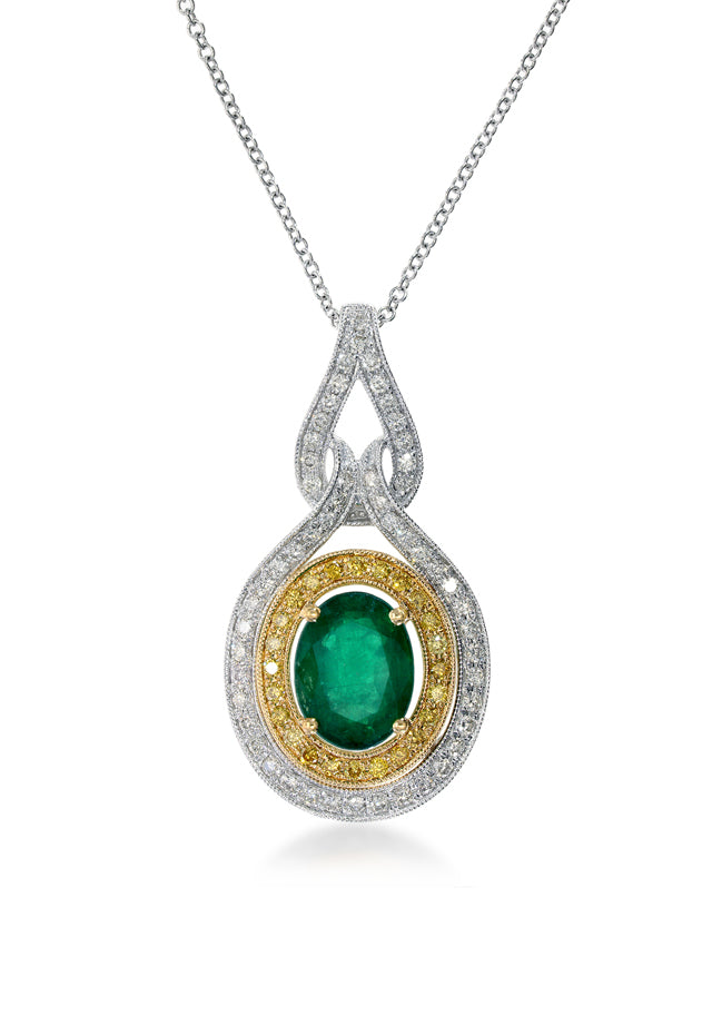 Effy 14K Two-Tone Gold Emerald, Yellow and White Diamond Pendant, 2.00 TCW