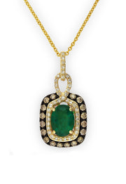 The Gemma Emerald, Espresso & White Diamond Pendant features a rectangular gold design with a large oval emerald centerpiece, surrounded by two rows of white and brown diamonds and finished with an ornate diamond-studded bail.