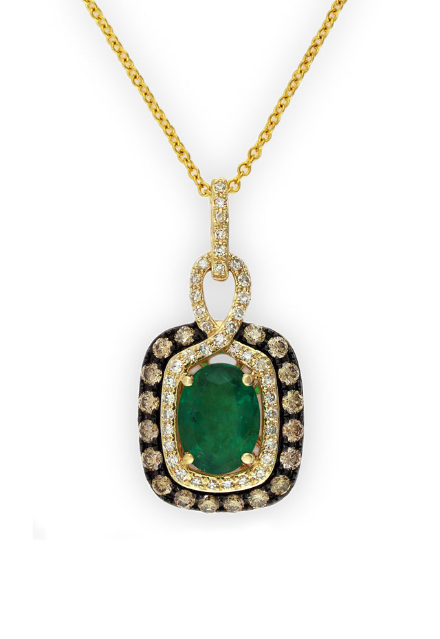 The Gemma Emerald, Espresso & White Diamond Pendant features a rectangular gold design with a large oval emerald centerpiece, surrounded by two rows of white and brown diamonds and finished with an ornate diamond-studded bail.