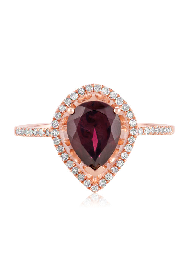 The Bordeaux 14K Rose Gold Rhodolite Garnet and Diamond Ring (1.46 TCW) features a pear-shaped rhodolite garnet center, surrounded by a halo of white diamonds with additional diamond accents on the band.