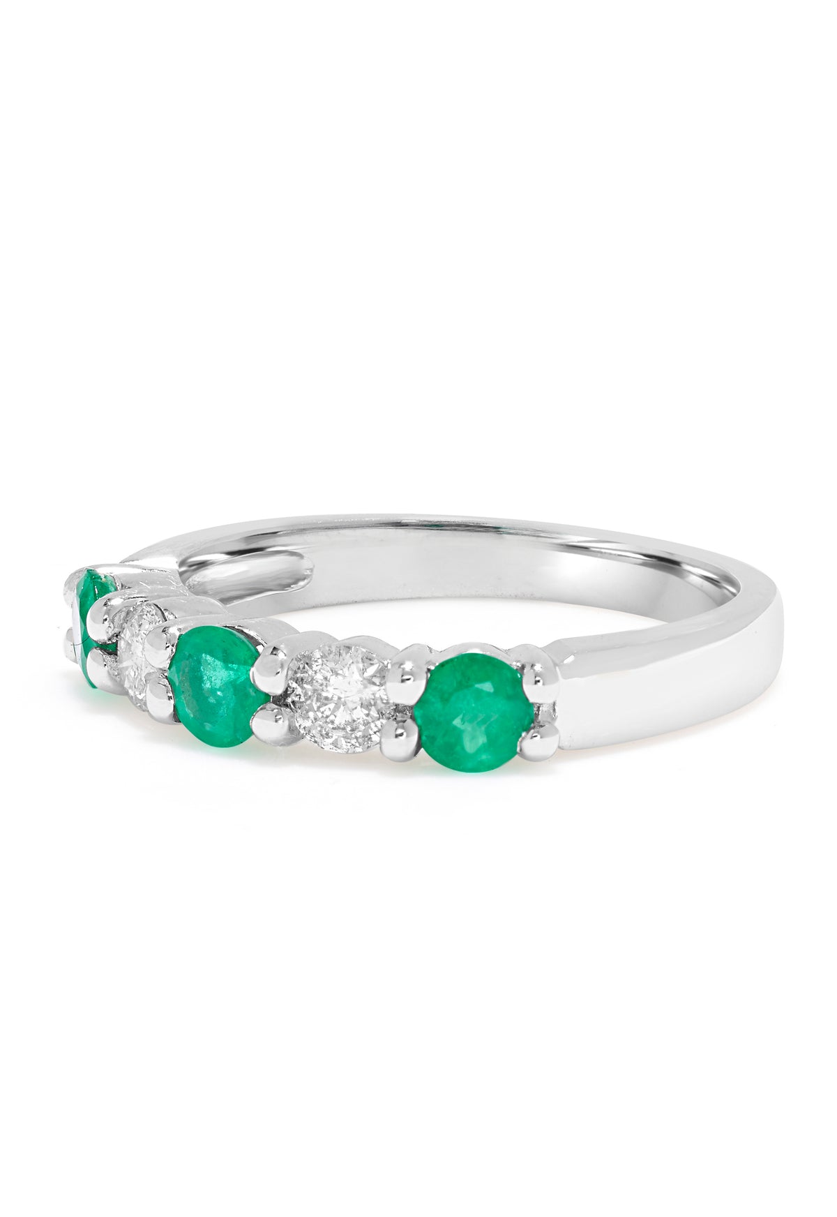 The Brasilica 14K White Gold Emerald and Diamond Ring, 0.95 TCW, features alternating round green emeralds and clear diamonds set in a striking row across the band.