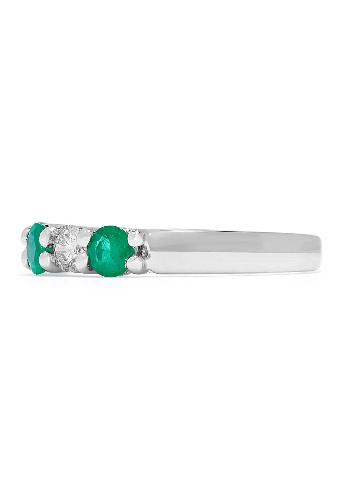 The Brasilica 14K White Gold Emerald and Diamond Ring, 0.95 TCW, features alternating round green emeralds and clear diamonds set in a striking row across the band.