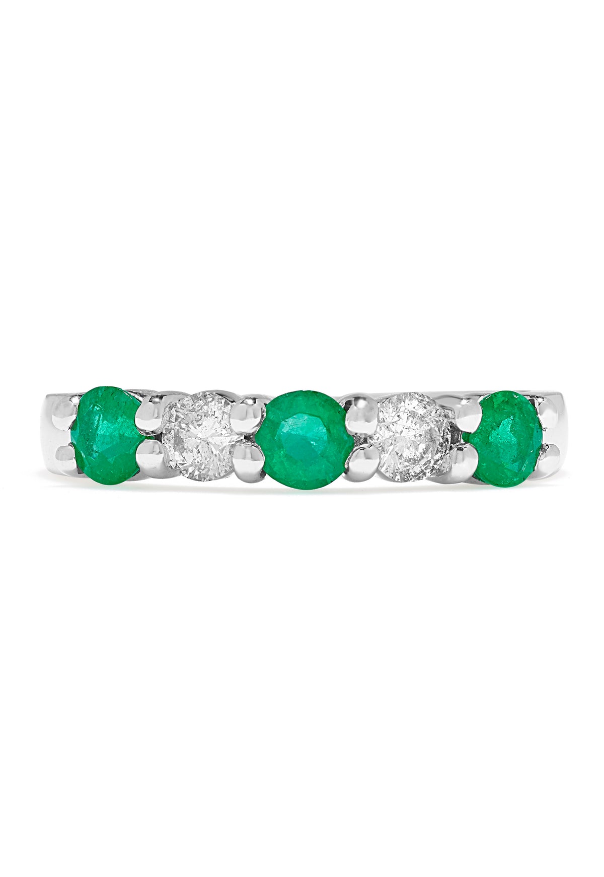 The Brasilica 14K White Gold Emerald and Diamond Ring, 0.95 TCW, features alternating round green emeralds and clear diamonds set in a striking row across the band.