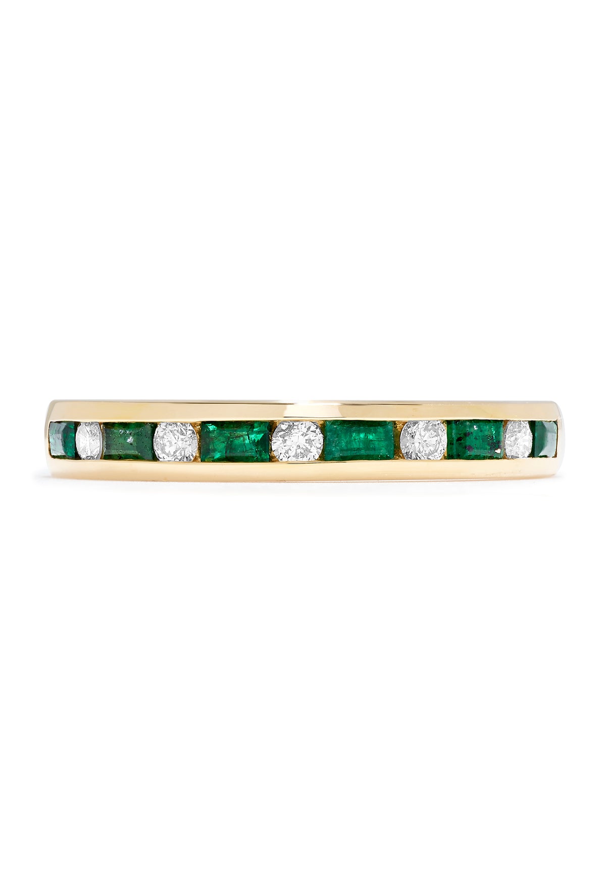 The Brasilica 14K Yellow Gold Emerald and Diamond Channel-Set Ring, 0.66 TCW, showcases alternating rectangular green emeralds and round white diamonds in a slim channel-set single row design.