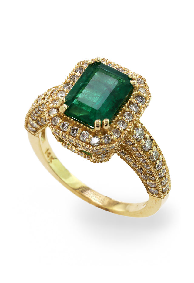 Gemma 14K Yellow Gold Emerald and Diamond Ring, 3.29 TCW