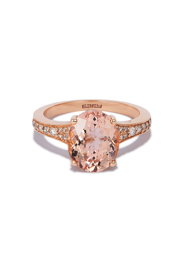 The Blush 14K Rose Gold Morganite and Diamond Ring, 3.40 TCW, showcases a large oval morganite centerpiece and small round diamonds along a rose gold band, with “EAFY” engraved inside.