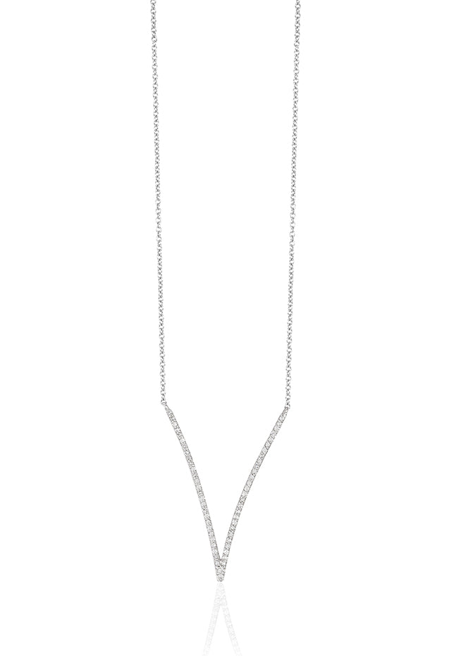 The Pave Classica 14K White Gold Diamond V-Shape Necklace, 0.28 TCW, features a sparkling V-shaped pendant and is displayed against a plain white background.