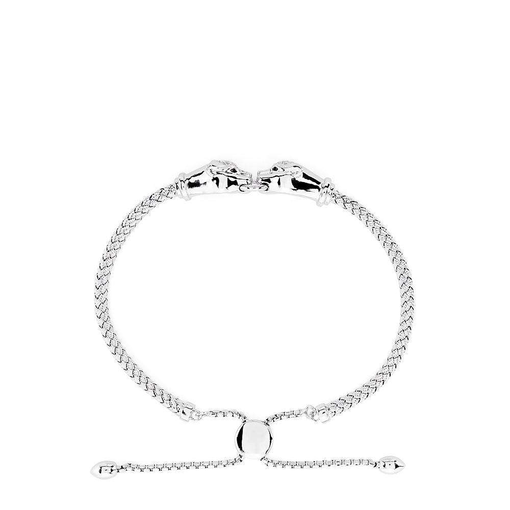 The 925 Sterling Silver Braide Chain Diamond Panther Bolo Bracelet features a braided chain with two intertwined panther links accented by 0.10 TCW diamonds, crafted in a modern bolo style.