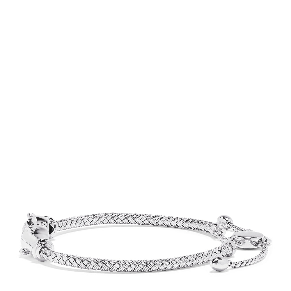 The 925 Sterling Silver Braide Chain Diamond Panther Bolo Bracelet features a braided chain with two intertwined panther links accented by 0.10 TCW diamonds, crafted in a modern bolo style.