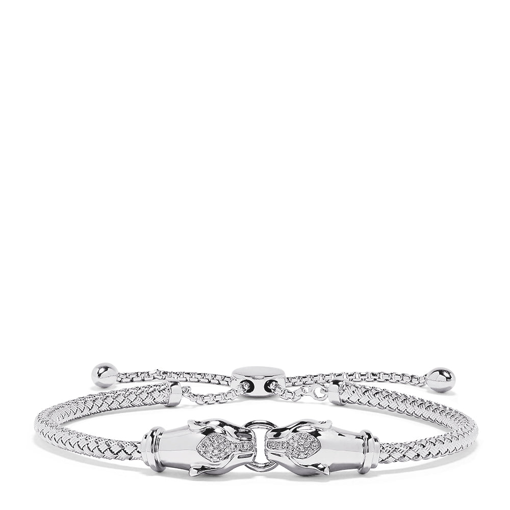 The 925 Sterling Silver Braide Chain Diamond Panther Bolo Bracelet features a braided chain with two intertwined panther links accented by 0.10 TCW diamonds, crafted in a modern bolo style.