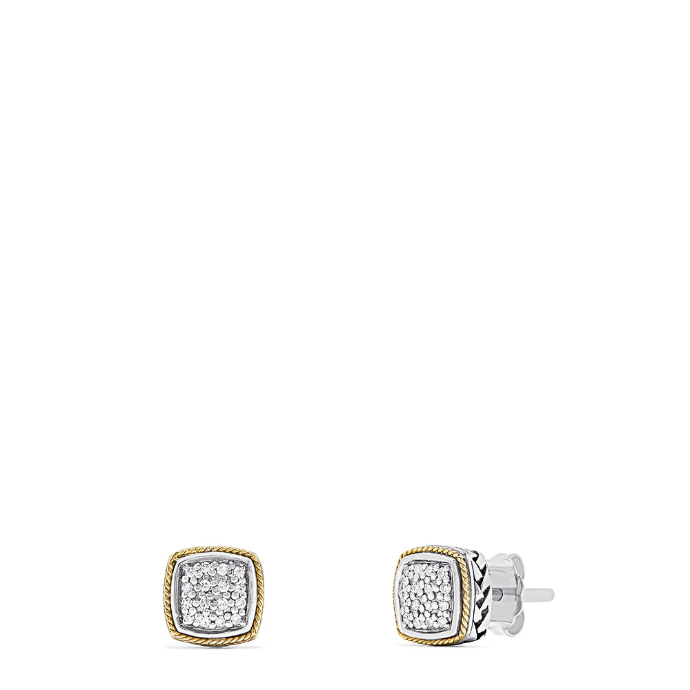 A pair of 925 Sterling Silver & 18K Yellow Gold Diamond Square Studs, 0.14 TCW, featuring a gold-toned border and diamond-encrusted center, elegantly displayed on a plain white background.