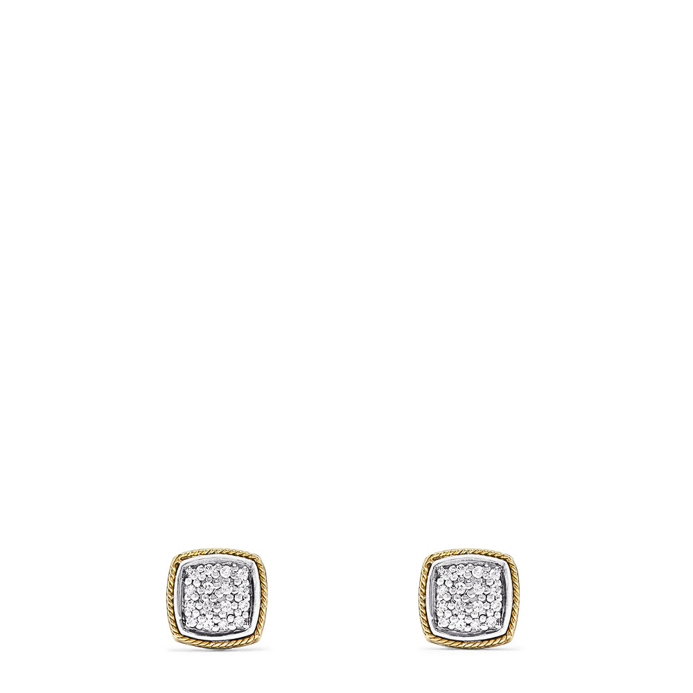 A pair of 925 Sterling Silver & 18K Yellow Gold Diamond Square Studs, 0.14 TCW, featuring a gold-toned border and diamond-encrusted center, elegantly displayed on a plain white background.