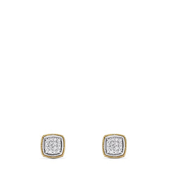 A pair of 925 Sterling Silver & 18K Yellow Gold Diamond Square Studs, 0.14 TCW, featuring a gold-toned border and diamond-encrusted center, elegantly displayed on a plain white background.