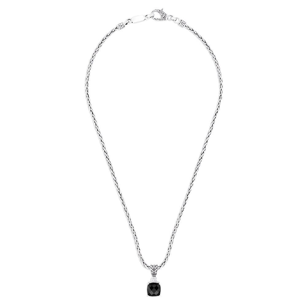 The 925 Sterling Silver Onyx and Diamond Pendant, 4.93 TCW, features a woven chain and a black cushion-cut onyx pendant accented by sparkling diamonds for an elegant look.