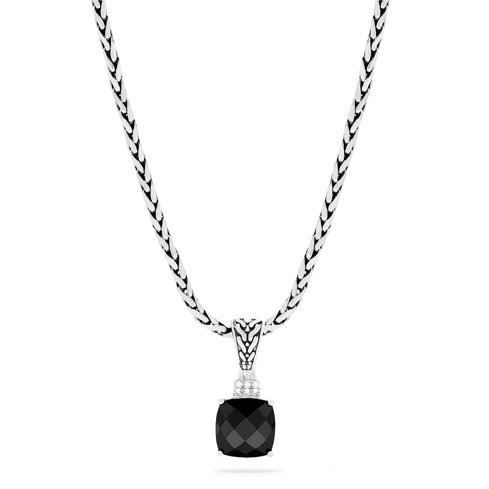 The 925 Sterling Silver Onyx and Diamond Pendant, 4.93 TCW, features a woven chain and a black cushion-cut onyx pendant accented by sparkling diamonds for an elegant look.