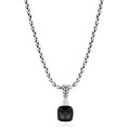 The 925 Sterling Silver Onyx and Diamond Pendant, 4.93 TCW, features a woven chain and a black cushion-cut onyx pendant accented by sparkling diamonds for an elegant look.