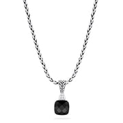 The 925 Sterling Silver Onyx and Diamond Pendant, 4.93 TCW, features a woven chain and a black cushion-cut onyx pendant accented by sparkling diamonds for an elegant look.