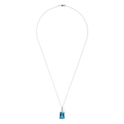 A 14K white gold pendant featuring an 8.48 TCW rectangular blue topaz and sparkling diamond accents on the bail, capturing the brilliance of a classic diamond pendant.