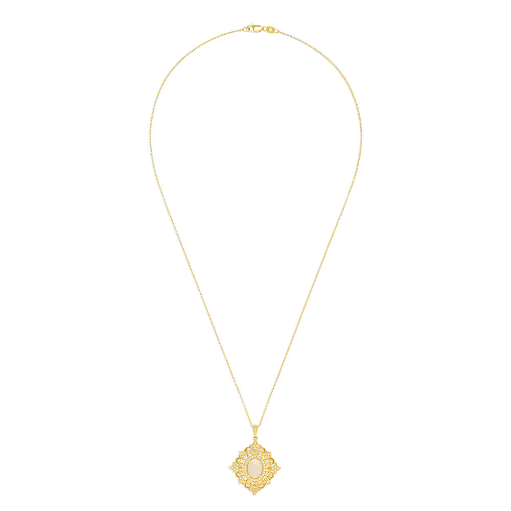 The Aurora 14K Yellow Gold Opal and Diamond Pendant features an ornate, vintage-inspired design with a central oval opal, delicate filigree detailing, and sparkling diamond accents, totaling 1.24 carats.