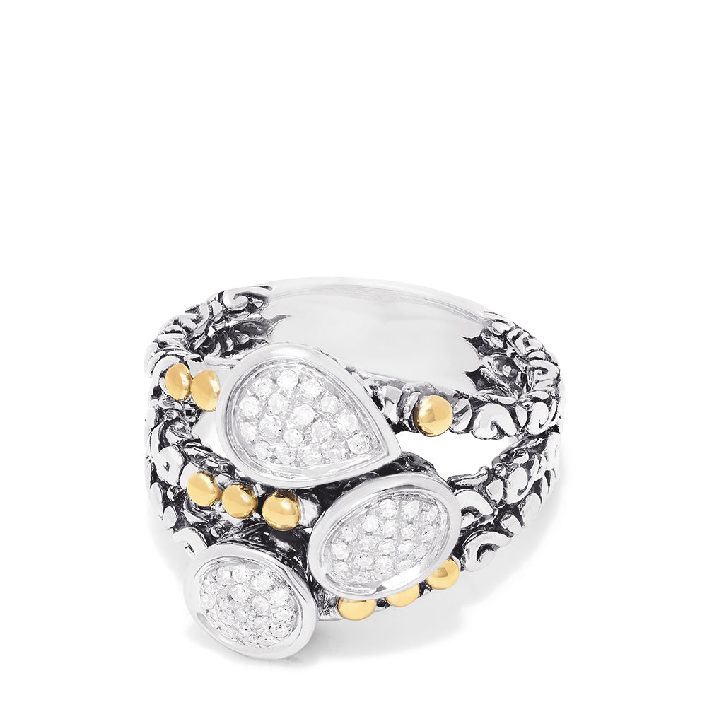 This 925 Sterling Silver and 18K Gold Accented Diamond Ring features three bands adorned with round and teardrop diamonds totaling 0.21 TCW, highlighted by delicate gold bead accents for a sparkling, elegant look.