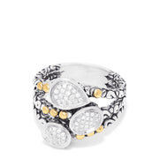 This 925 Sterling Silver and 18K Gold Accented Diamond Ring features three bands adorned with round and teardrop diamonds totaling 0.21 TCW, highlighted by delicate gold bead accents for a sparkling, elegant look.
