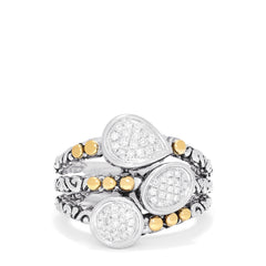This 925 Sterling Silver and 18K Gold Accented Diamond Ring features three bands adorned with round and teardrop diamonds totaling 0.21 TCW, highlighted by delicate gold bead accents for a sparkling, elegant look.