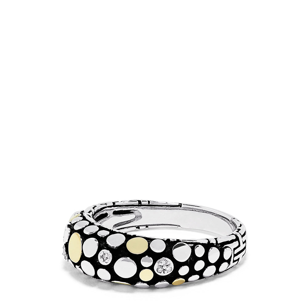 The 925 Sterling Silver & 18K Yellow Gold Diamond Accented Ring, 0.03 TCW, features a playful mix of gold and silver dots with sparkling diamonds for a modern look against a crisp white background.