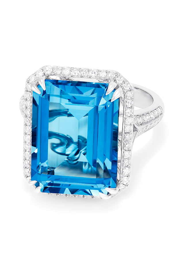 Ocean Bleu 14K White Gold Blue Topaz and Diamond Ring, 12.21 TCW