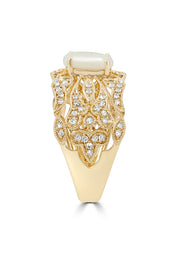 The Aurora 14K Yellow Gold Opal and Diamond Ring features an intricate filigree band, an oval opal center stone, and sparkling diamonds totaling 0.97 carats.