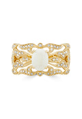 The Aurora 14K Yellow Gold Opal and Diamond Ring features an intricate filigree band, an oval opal center stone, and sparkling diamonds totaling 0.97 carats.