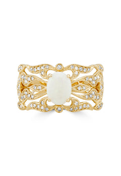 The Aurora 14K Yellow Gold Opal and Diamond Ring features an intricate filigree band, an oval opal center stone, and sparkling diamonds totaling 0.97 carats.