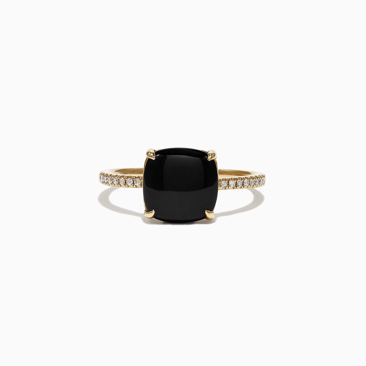 The Eclipse 14K Yellow Gold Diamond and Onyx Ring, 1.40 TCW, showcases a large cushion-cut black onyx set in four prongs on a slim gold band accented with sparkling white diamonds.
