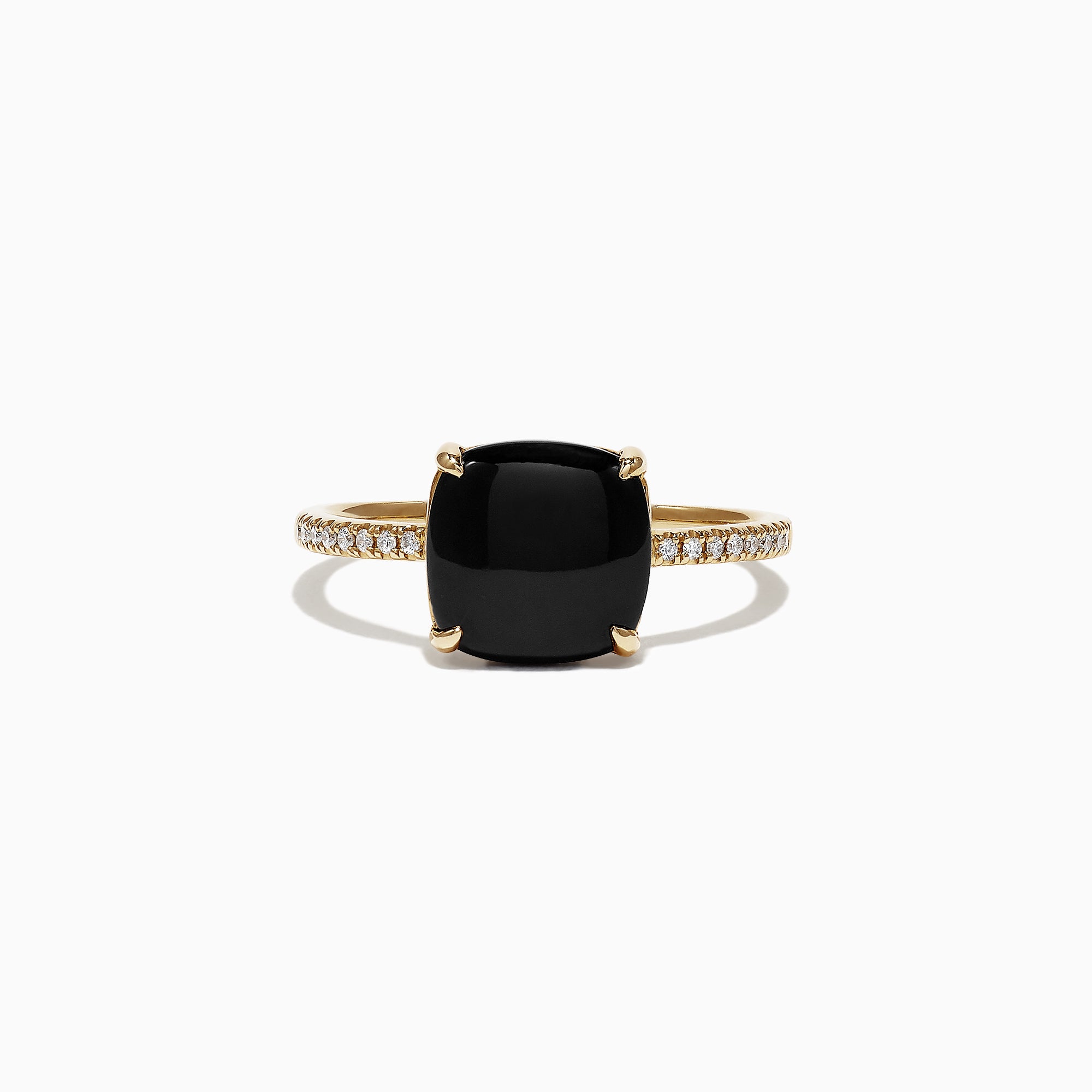 The Eclipse 14K Yellow Gold Diamond and Onyx Ring, 1.40 TCW, showcases a large cushion-cut black onyx set in four prongs on a slim gold band accented with sparkling white diamonds.