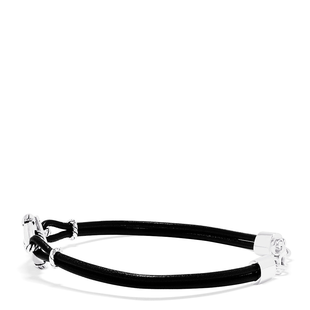 The Mens Sterling Silver and Leather Anchor Bracelet features a black cord with a sterling silver anchor charm, silver accents, and a lobster clasp closure.