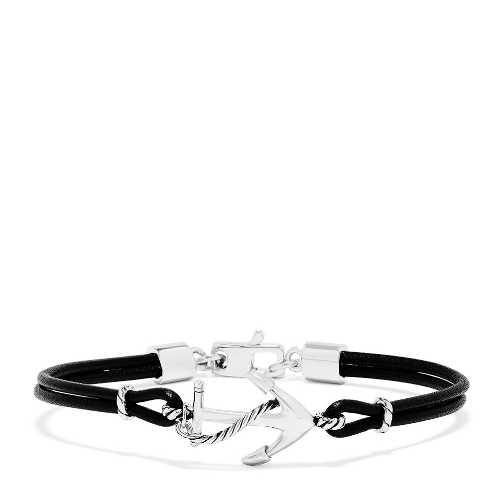 The Mens Sterling Silver and Leather Anchor Bracelet features a black cord with a sterling silver anchor charm, silver accents, and a lobster clasp closure.