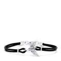 The Mens Sterling Silver and Leather Whales Tail Bracelet features a black leather cord, a polished silver whale tail charm at the center, and silver clasps, displayed on a white background.