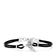 The Mens Sterling Silver and Leather Whales Tail Bracelet features a black leather cord, a polished silver whale tail charm at the center, and silver clasps, displayed on a white background.