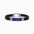 The Mens Sterling Silver Lapis Lazuli Leather Bracelet, 12.00 TCW, features a black braided leather band, a rectangular lapis lazuli centerpiece, sterling silver-toned accents, and a secure clasp.