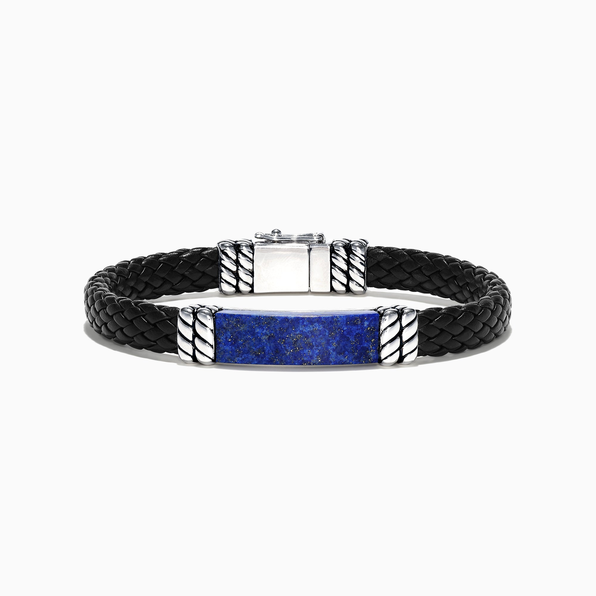 The Mens Sterling Silver Lapis Lazuli Leather Bracelet, 12.00 TCW, features a black braided leather band, a rectangular lapis lazuli centerpiece, sterling silver-toned accents, and a secure clasp.