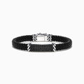 The Mens Sterling Silver Black Spinel Leather Bracelet, 2.11 TCW, features a black braided leather band with a rectangular silver clasp and center bar set with small black spinels, plus geometric details on the silver accents.